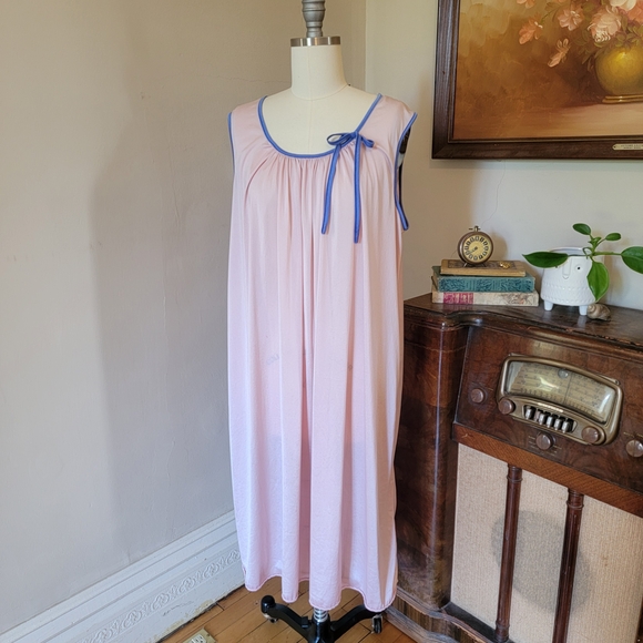 Vintage Pink Chemise Nighty Blue Trim 80s 90s Retro Nightgown Large XL 18 - Picture 1 of 6